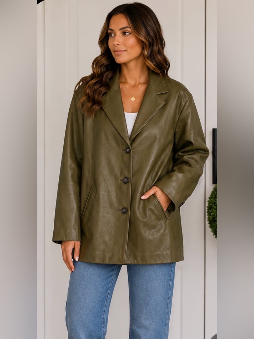 Anthropologie Sadie & Sage avocado oversized faux Leather Blazer Jacket small